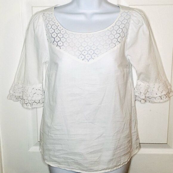 Modcloth White Cotton Short Sleeve Blouse Puff Sleeves Daisy Print Lace White XS - Picture 6 of 11